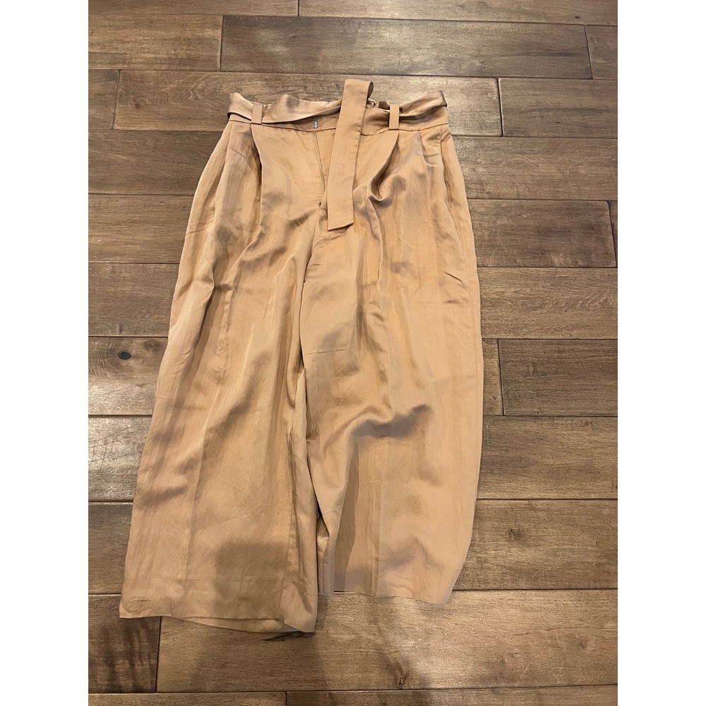Zara‎ Wide Leg Cropped Pants Belted High Waist Trousers Beige Size US 6